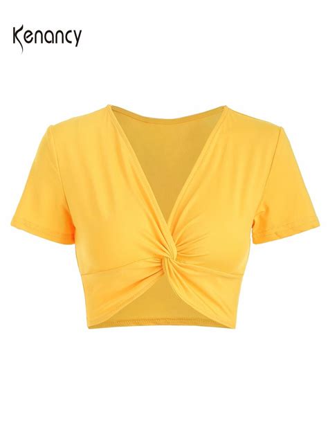 Kenancy Women Crop Tops Summer Sexy V Neck Short Sleeve Twist Front
