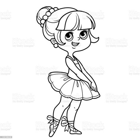Cute Cartoon Little Ballerina Girl In Lush Tutu Outlined For Coloring