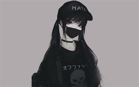 Wallpaper Twintails Monochrome Black Hair Purple Eyes Face Mask Anime Girls Hate