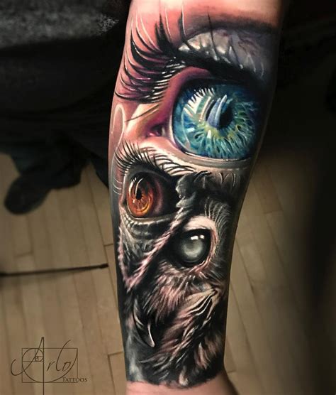 Eye tattoo with the black ink design to the back arm brings their flashy appearance. Owl & Human Eyes | Best tattoo design ideas