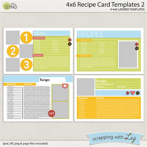 These recipe card templates come in various resolutions which include 3x5 and 4x6, with varying multiple page counts. Digital Scrapbook Templates - 4x6 Recipe Card 2 | Scrapping with Liz