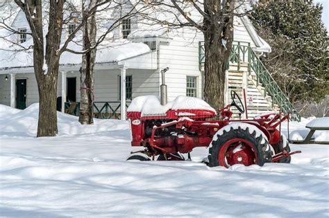 Old Red Tractor In Snow Stock Image Image Of Farming
