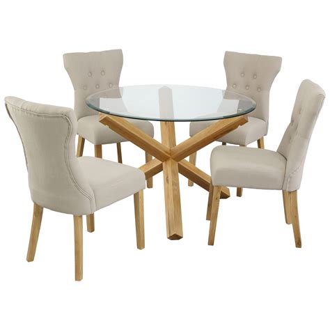Oak And Glass Round Dining Table And Chair Set With 4 Fabric Seats Beige Grey Ebay