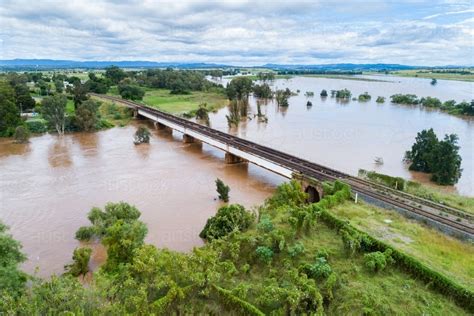 Image Of Railway Line Bridge Over Flooding Hunter River Near Singleton