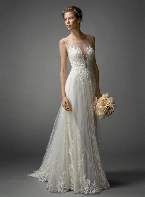 Ivory Romantic Wedding Dress Lace Column Bridal Dress Chiffon Round Neckline Sheer Back
