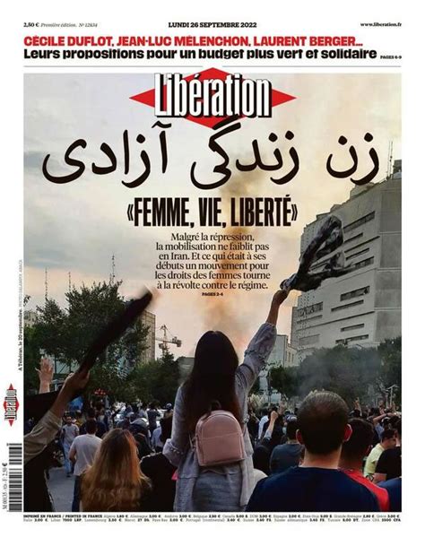 زن، زندگی، آزادی صفحه ی اول شماره ی امروز لیبراسیون فرانسه