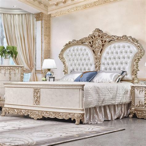 Luxury Glossy White Cal King Bed Carved Wood Traditional Homey Design