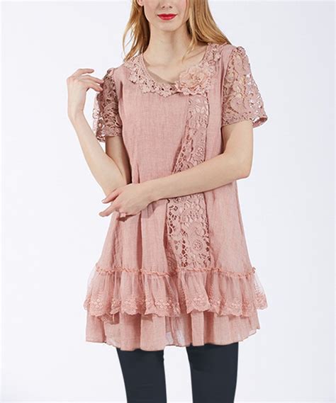 Simply Couture Pink Crochet Accent Ruffle Tier Tunic Women Lace