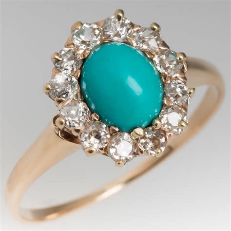 Victorian Era Turquoise And Old Mine Cut Diamond Ring 10k Gold