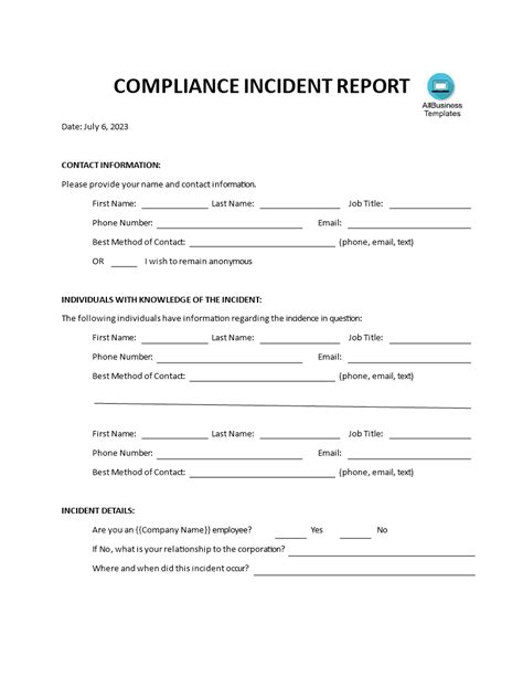 Télécharger Gratuit Compliance Incident Report Template