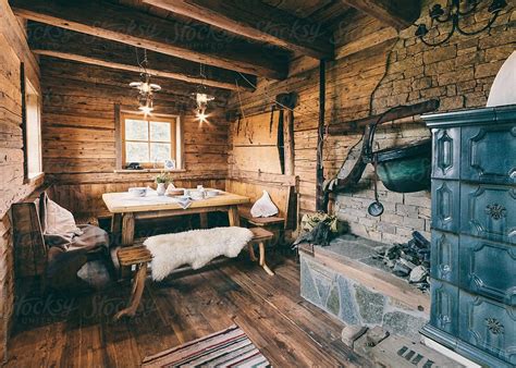 Interior Of A Typical Austrian Wooden Alpine Cabin Livingroom By