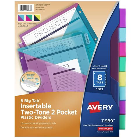 Avery Big Tab Insertable Plastic Dividers Two Tone Two Pockets 8 Tab Set 11989 Walmart