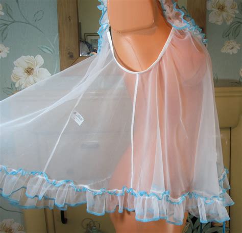 Vintage White Blue Soft Sissy Frilly Sheer Chiffon Babydoll Nightie Gown M L R Suzie S