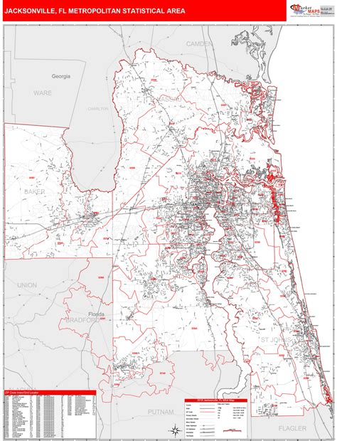 Jacksonville Fl Metro Area Wall Map Red Line Style By Marketmaps