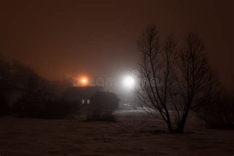 Foggy Winter Evening In The Village Stock Photo Image Of Landscape