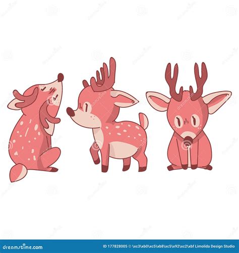Pink Kawaii Deer Animal Vector Set Illustration Pink Girly Doe With