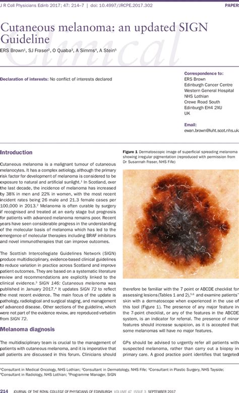 Cutaneous Melanoma An Updated Sign Guideline Ers Brown Sj Fraser O
