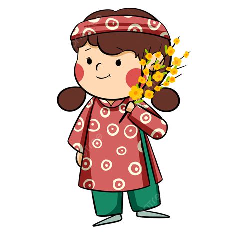 베트남 봄 일러스트 축제를 위해 꽃을 들고 빨간 드레스 소녀 설 월 설 세배 Png 일러스트 및 Psd 이미지 무료 다운로드 Pngtree