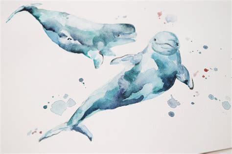 Beluga Whales Original Watercolor Painting Under The Sea Easy