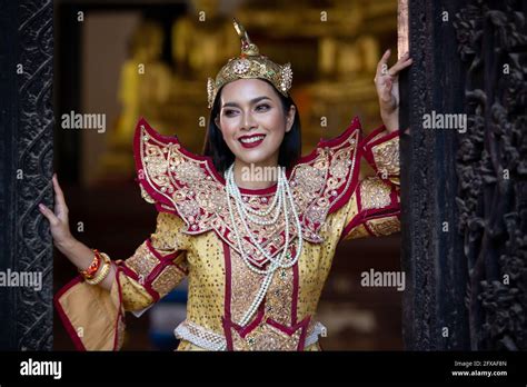 Burmese Beautiful Woman In Antique Myanmar Or Burma Traditional National Dress Costume Clothes