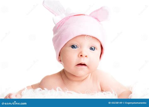Cute Newborn Baby Girl In A Pink Hat With Ears Stock Image Image Of