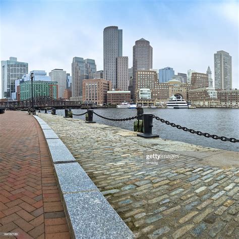 Boston Skyline And Fan Piers Brickpaved Harborwalk High Res Stock Photo
