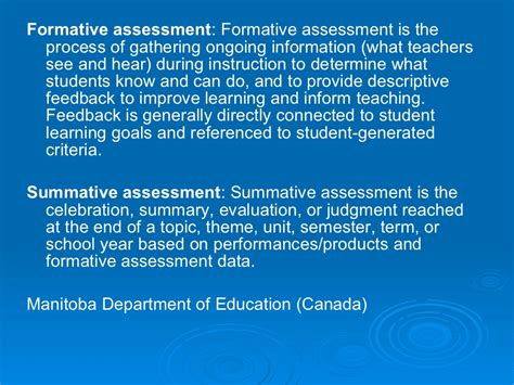 Summative assessment, summative evaluation, or assessment of learning is the assessment of participants where the focus is on the outcome of a program. Formative Assessment vs. Summative Assessment