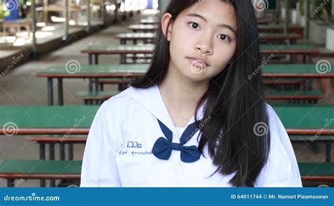 Thai Student Teen Beautiful Girl Happy And Relax In School Stock