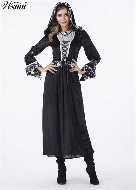 Luxury Black Print Skeleton Hooded Robe Women Witch Gothic Queen Of