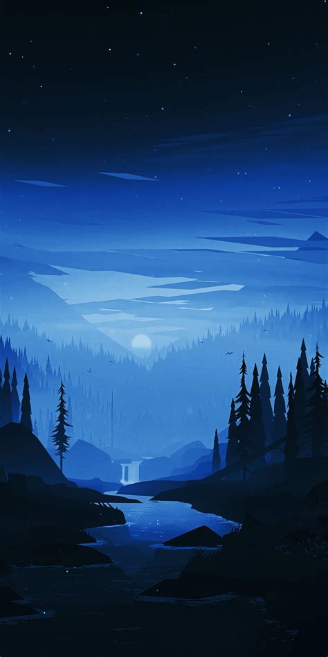 Dark Night River Forest Minimal Art 1080x2160 Wallpaper Scenery