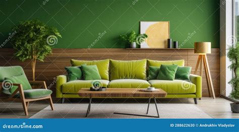 Modern Interior Design Of Living Room With Green Sofa And Wooden Coffee