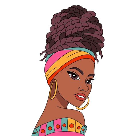 イラストを着色アフロの伝統的なヘアスタイルとカラフルなターバンでアフリカ黒人少女 プレミアムベクター