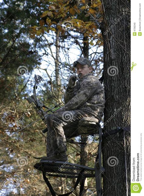 Bow Hunter Waiting In Tree Stand 2 Stock Photo Image Of