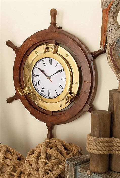 Wood Brass Ship Wheel Clock Wall Clock Nautical Wall Clock Clock