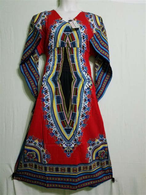 Women African Dashiki Print Long Dress Elastic Waist Multi Color Free