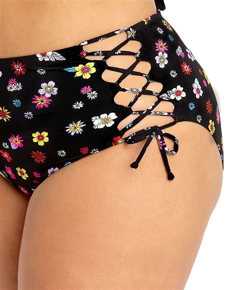 California Waves Trendy Plus Size Floral Side Lace High Waist Bikini Bottoms Created For Macys