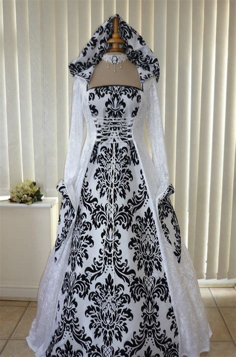 Medieval Gothic Pagan White And Black Bold Hooded Wedding Dress Medieval