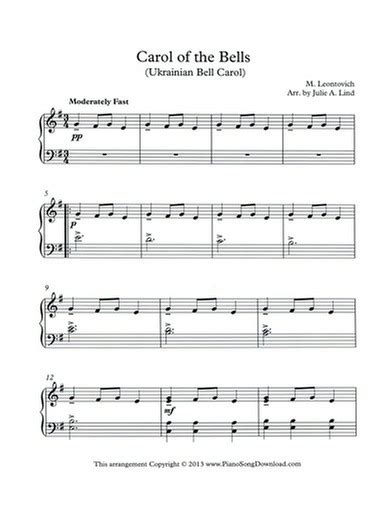 Carol of the bells free sheet music. Carol of the Bells, Ukrainian Bell Carol: Free Christmas piano sheet music for early ...