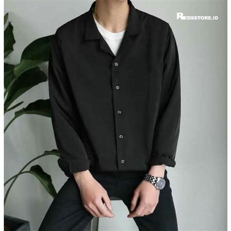 Jual Kemeja Hitam Polos Pria Basic Colour Kemeja Oversize Hitam Black Korean Style Hem Terbaru