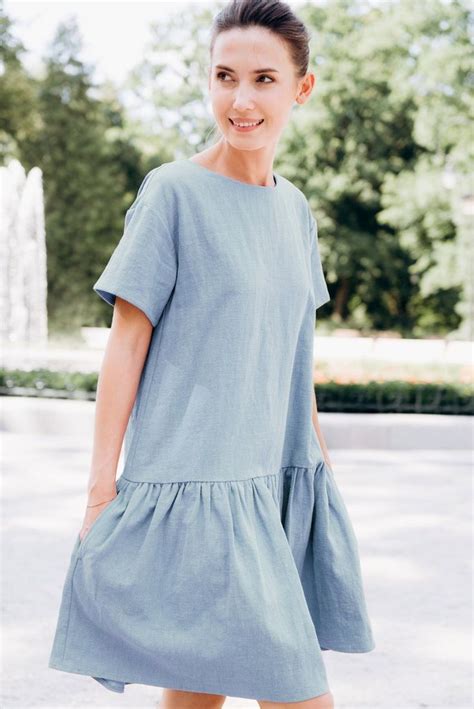 Linen Dress With Pockets Midi Dress Light Blue Dress Summer Etsy