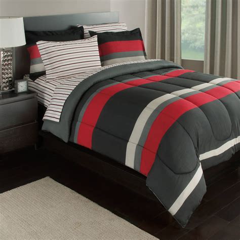 Black Gray And Red Stripes Boys Teen Twin Comforter Set 5 Piece Bed In