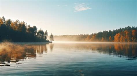 Premium Ai Image A Tranquil Lake With Mist Rising From The Surface