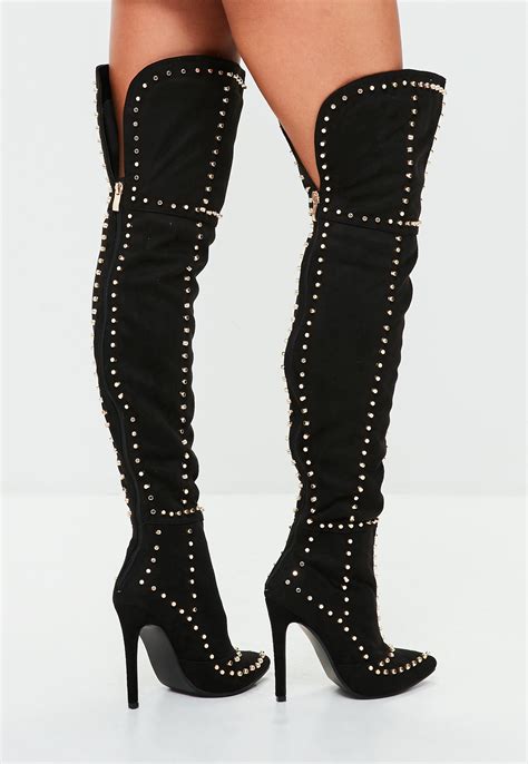 Missguided Black Multi Studded Thigh High Boots Lyst
