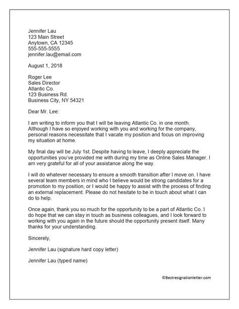 Resignation Letter Sample For Personal Reasons
