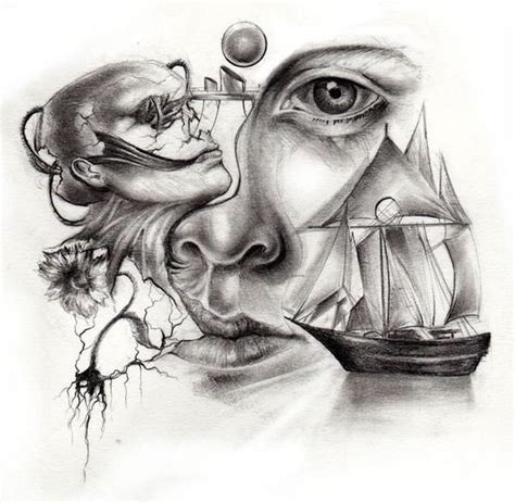 A Pencil Drawing Of A Mans Face With A Ship In The Middle Of It
