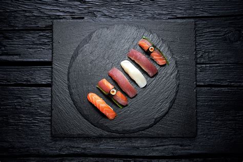 Sushi Served On Black Slate Plate Суши
