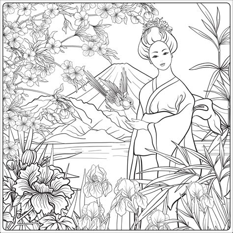 Japanese Landscape With Mount Fuji And Japanese Woman Japan Adult Coloring Pages Page