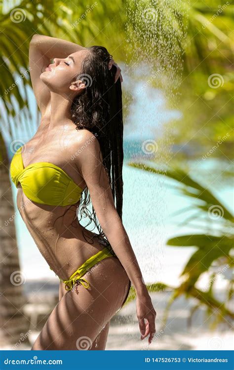 Carefree Wet Bikini Model Enjoying Outdoor Tropical Shower Beautiful Woman With Long Hair
