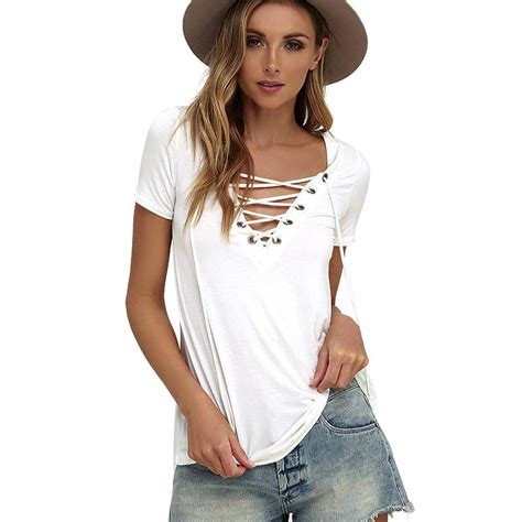 Summer Women Sexy V Neck Lace Up T Shirt Short Sleeve Loose Top Casual Blouse