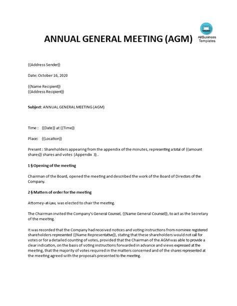Annual General Meeting Minutes Templates At